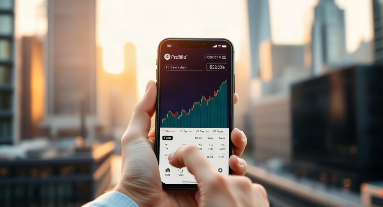 Rise trading app on smartphone with rising charts in a modern city setting