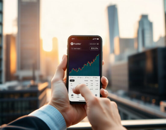Rise trading app on smartphone with rising charts in a modern city setting