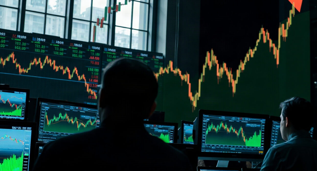Stock market trading screens showing declining semiconductor stock charts amid rising bond yields