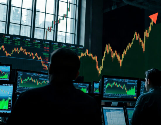 Stock market trading screens showing declining semiconductor stock charts amid rising bond yields