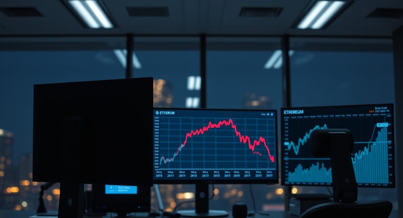 Ethereum price charts on monitors at a trading desk with bond yield graph in background