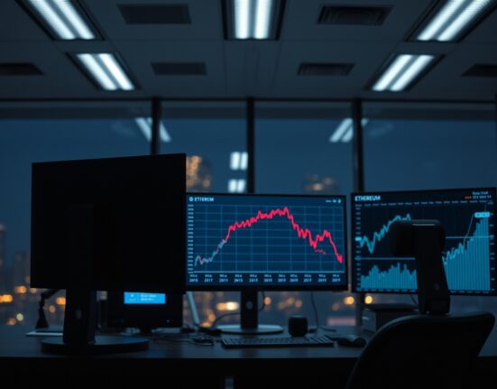 Ethereum price charts on monitors at a trading desk with bond yield graph in background