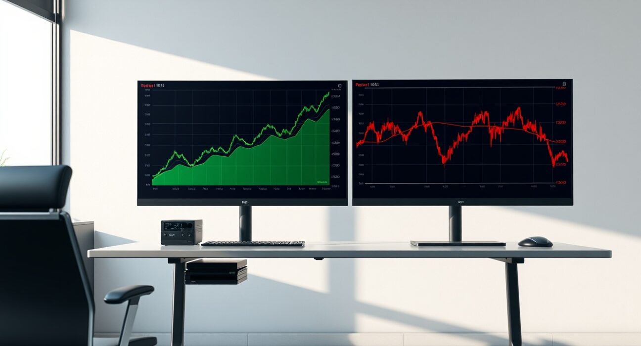 Professional analysis of rising and falling cryptocurrency market sectors on trading desk monitors