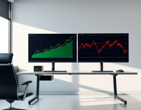 Professional analysis of rising and falling cryptocurrency market sectors on trading desk monitors