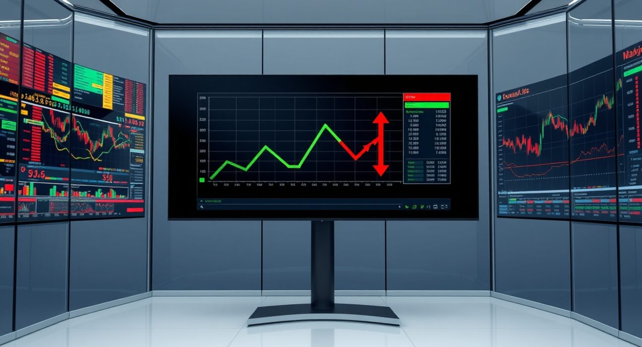Analysis of rising and falling cryptocurrency market sectors shown on a data visualization screen.