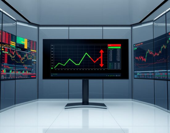 Analysis of rising and falling cryptocurrency market sectors shown on a data visualization screen.