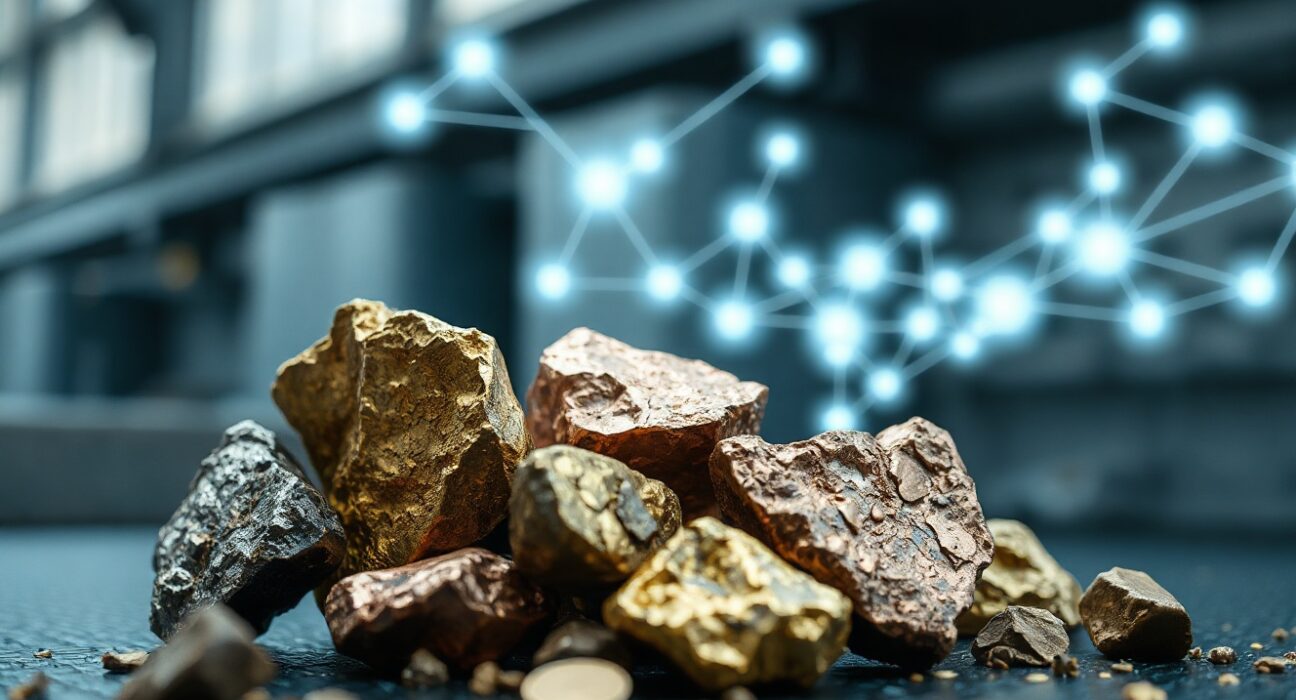 Raw metal ores with digital blockchain overlay representing tokenization