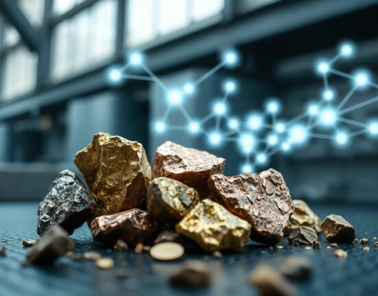 Raw metal ores with digital blockchain overlay representing tokenization