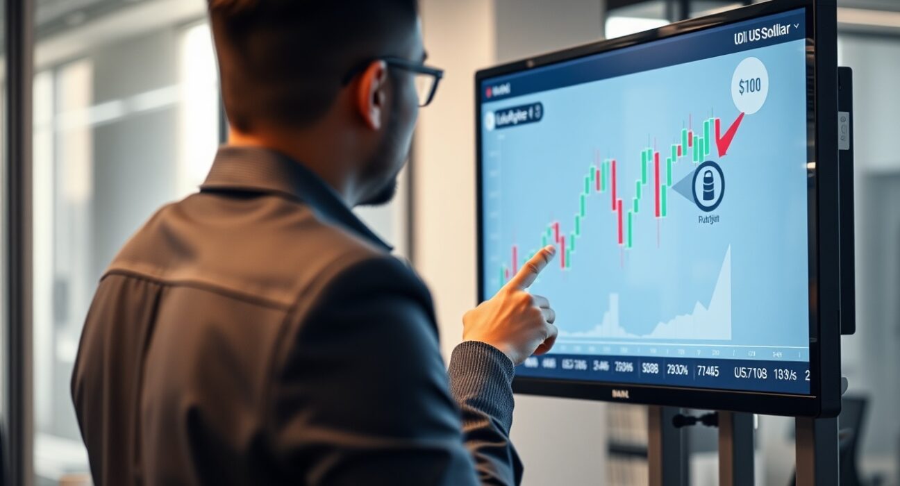 Financial analyst monitoring Indian rupee chart and oil price impact on screen