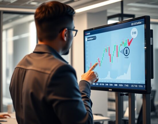 Financial analyst monitoring Indian rupee chart and oil price impact on screen