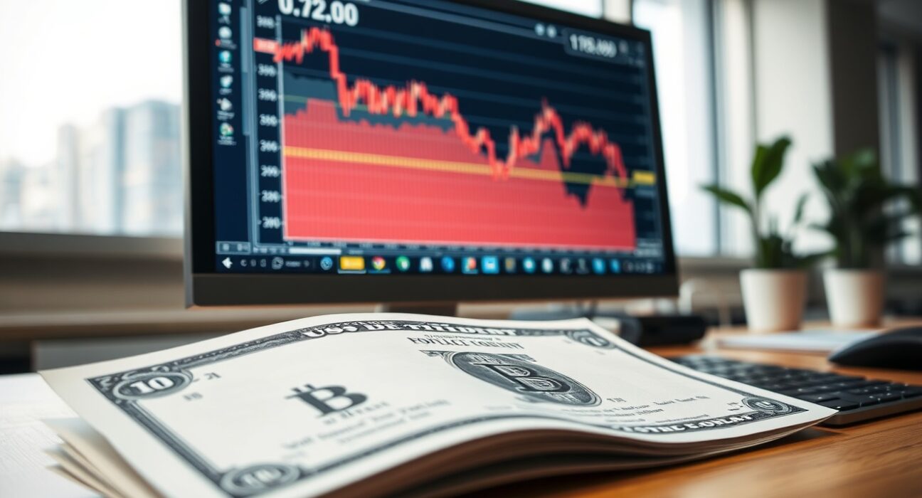 Bitcoin price chart on a computer screen with a US Treasury bond document in foreground
