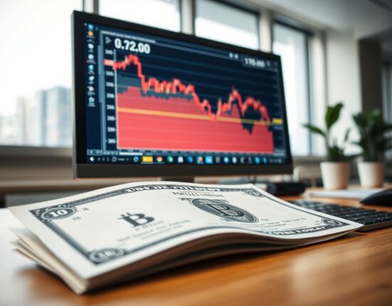 Bitcoin price chart on a computer screen with a US Treasury bond document in foreground