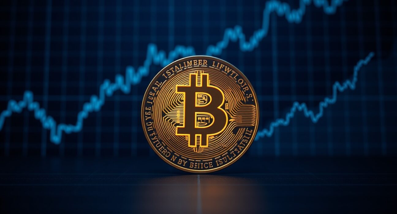 Bitcoin coin and rising U.S. Treasury yield chart on dark financial background