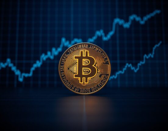 Bitcoin coin and rising U.S. Treasury yield chart on dark financial background