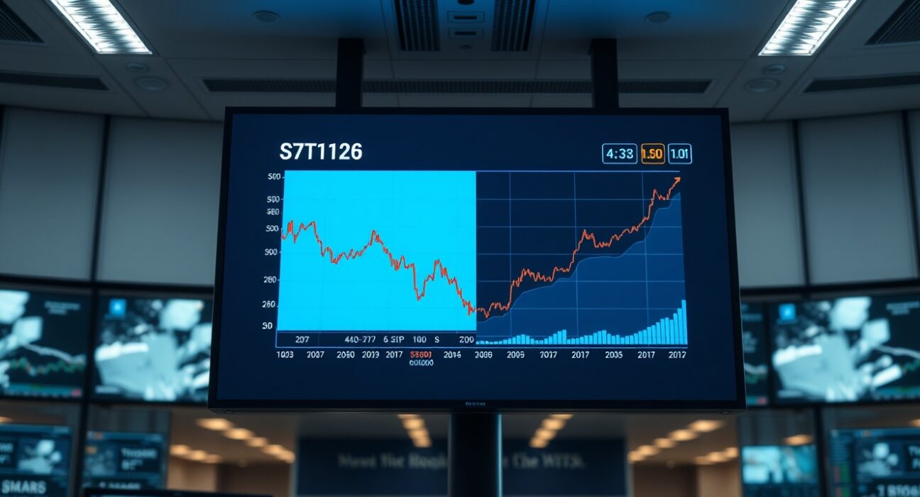 Bitcoin price chart declining against rising US Treasury yield graph on a trading floor screen