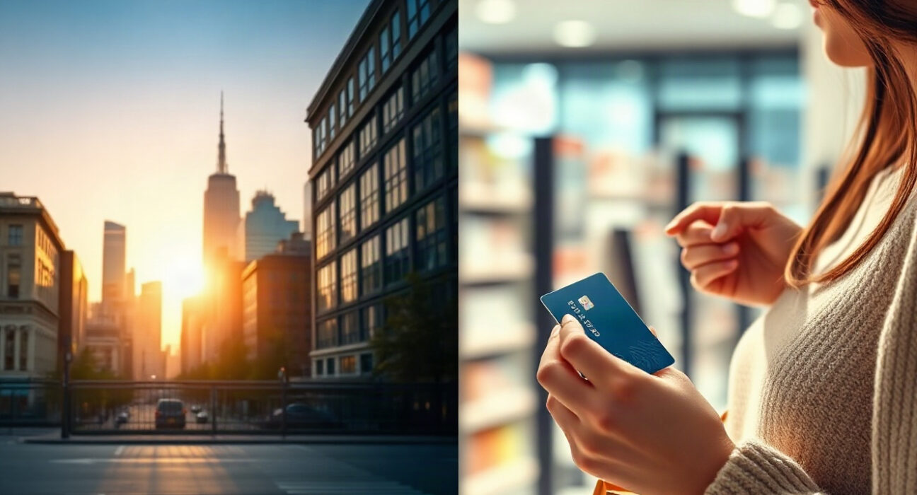 Financial district skyline and consumer with credit card, symbolizing market optimism vs consumer caution