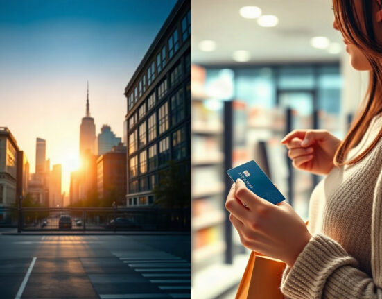 Financial district skyline and consumer with credit card, symbolizing market optimism vs consumer caution