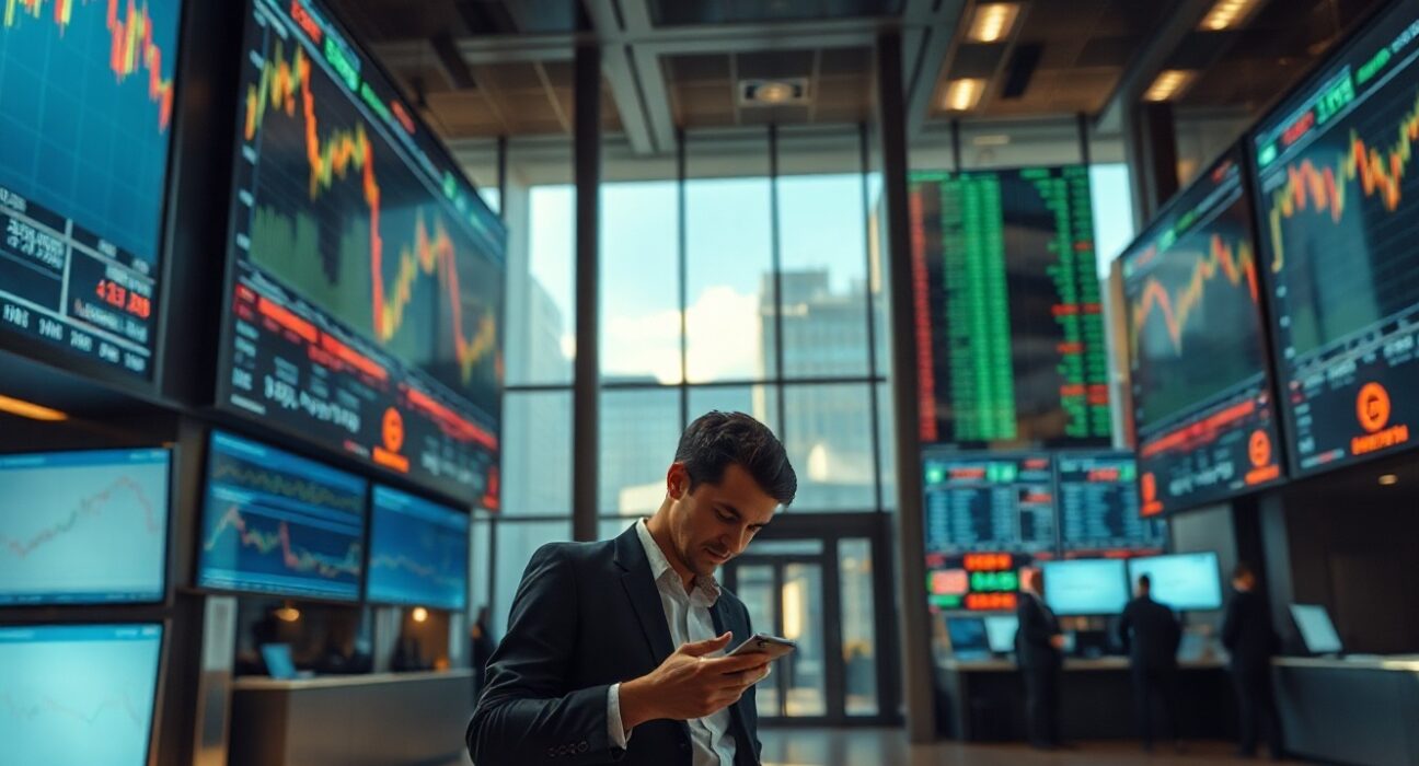 Trading floor screens showing market charts and data ahead of US jobs report