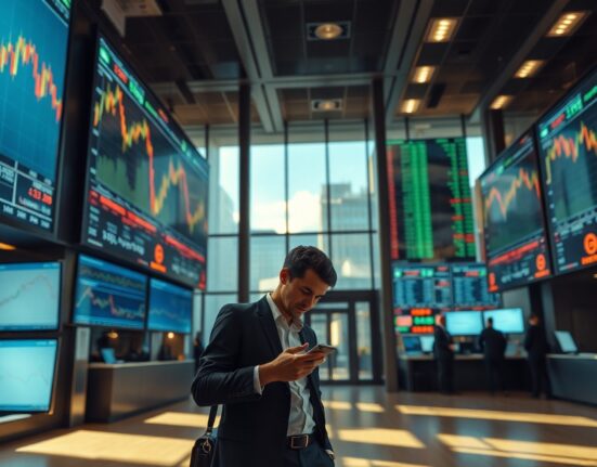 Trading floor screens showing market charts and data ahead of US jobs report