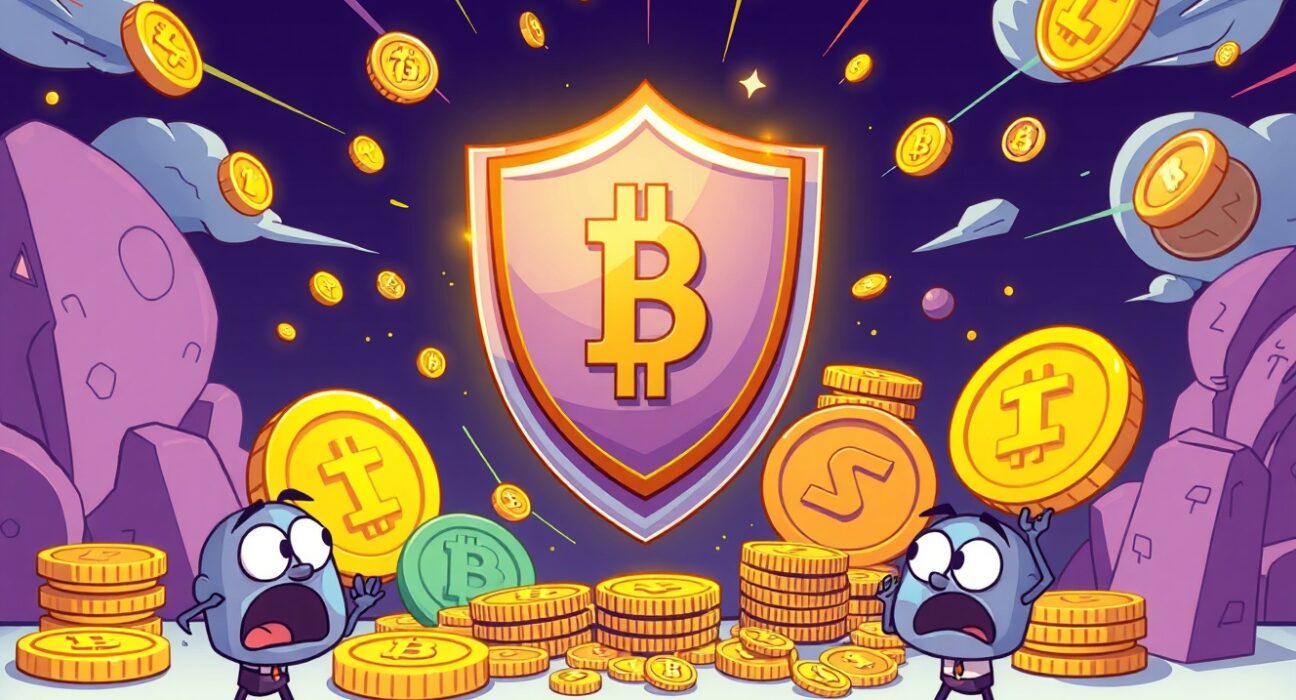 Risk management protection shield securing cryptocurrency assets from market collapse