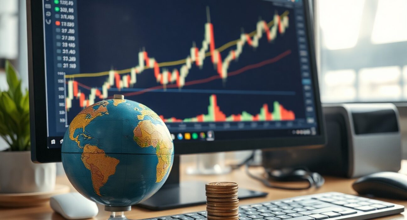 Upward trending chart on a monitor with a globe and coins on a desk, representing global market momentum.