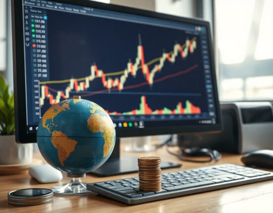 Upward trending chart on a monitor with a globe and coins on a desk, representing global market momentum.