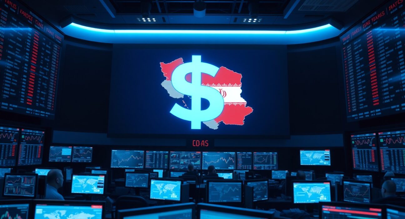 Foreign exchange trading floor with dollar and Iran map on screens