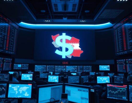 Foreign exchange trading floor with dollar and Iran map on screens