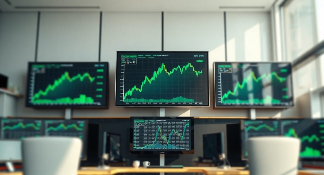 Financial trading screens showing upward market trends in a quiet trading session