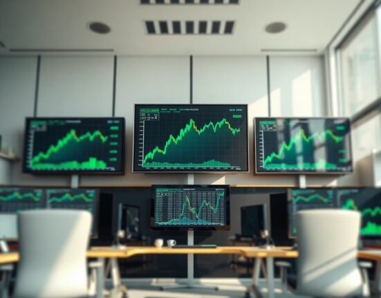 Financial trading screens showing upward market trends in a quiet trading session