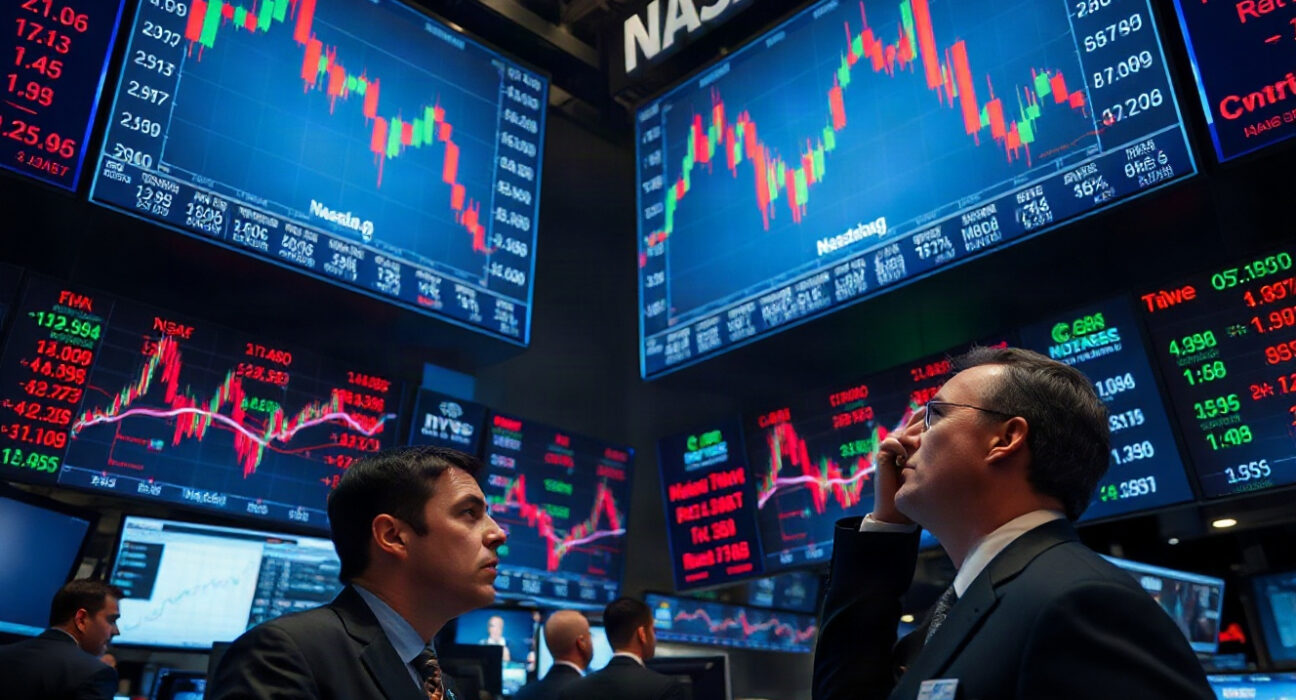 Traders watch as Nasdaq index declines on trading floor screens
