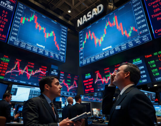 Traders watch as Nasdaq index declines on trading floor screens
