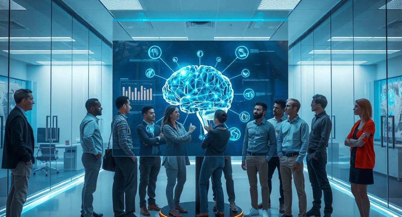 River AI team in a modern lab viewing a holographic neural network display