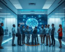 River AI team in a modern lab viewing a holographic neural network display