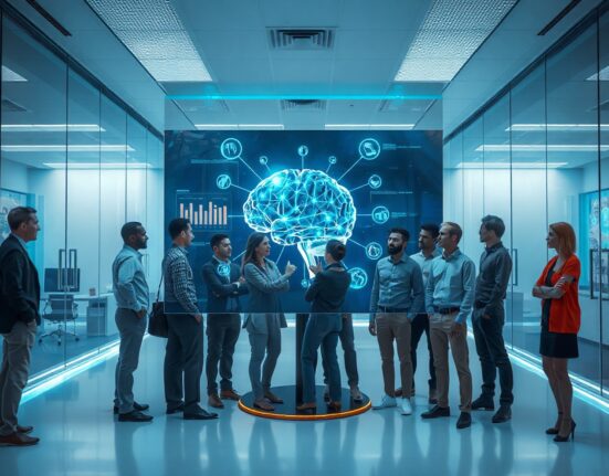 River AI team in a modern lab viewing a holographic neural network display