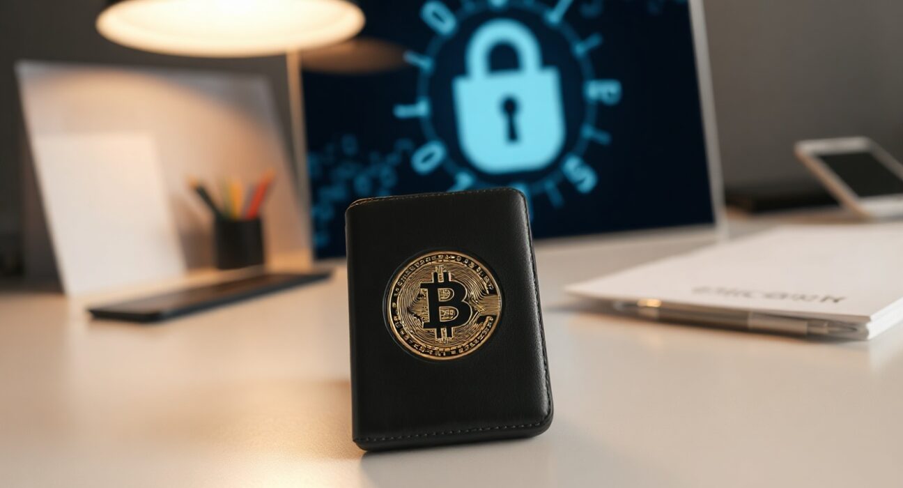 Bitcoin hardware wallet on a desk with a subtle security-themed background