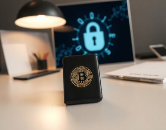 Bitcoin hardware wallet on a desk with a subtle security-themed background