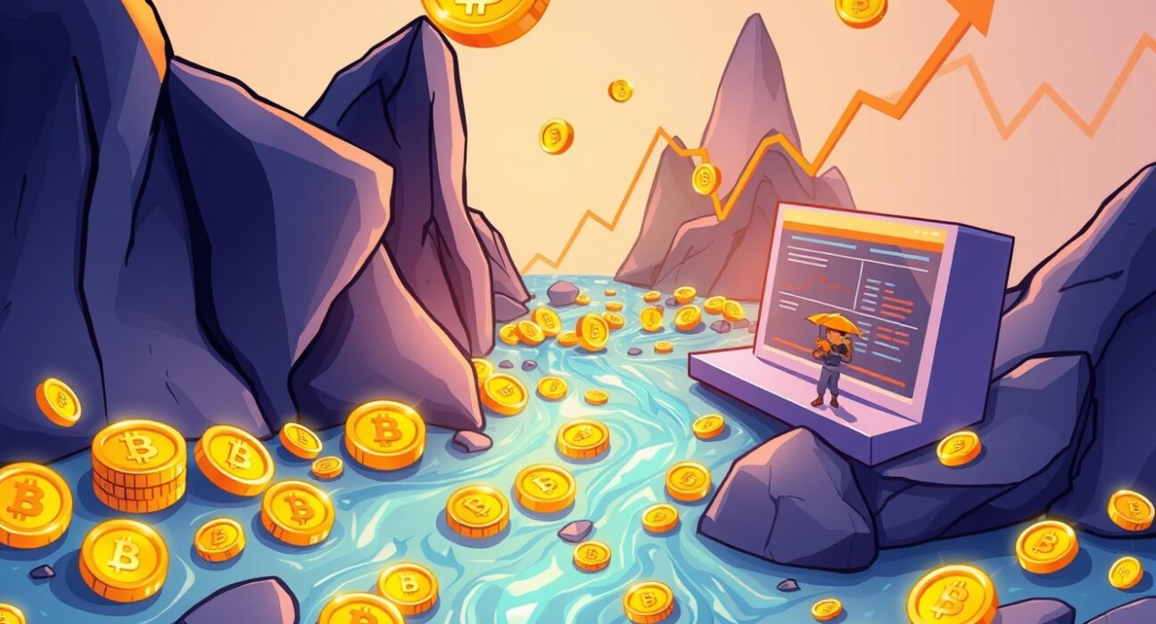 An illustration depicting the rapid growth of River crypto, with tokens flowing into an exchange, symbolizing its high trading volume and new holders.