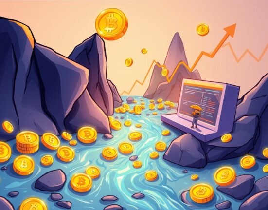An illustration depicting the rapid growth of River crypto, with tokens flowing into an exchange, symbolizing its high trading volume and new holders.