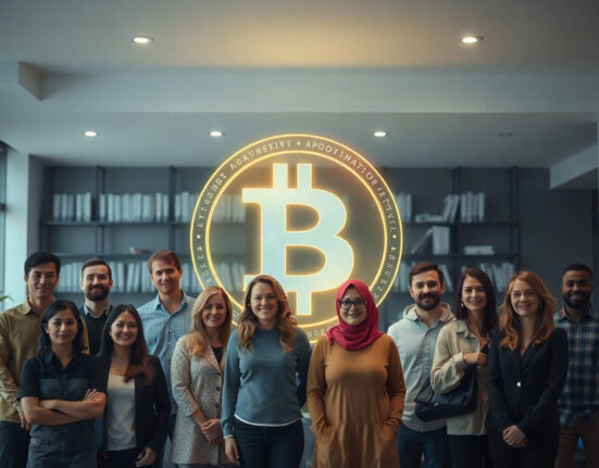 A group of diverse people standing with a holographic Bitcoin symbol in the background, representing global Bitcoin adoption.