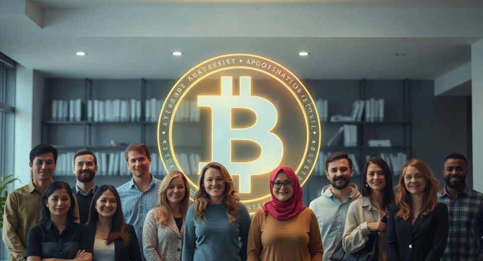 A group of diverse people standing with a holographic Bitcoin symbol in the background, representing global Bitcoin adoption.