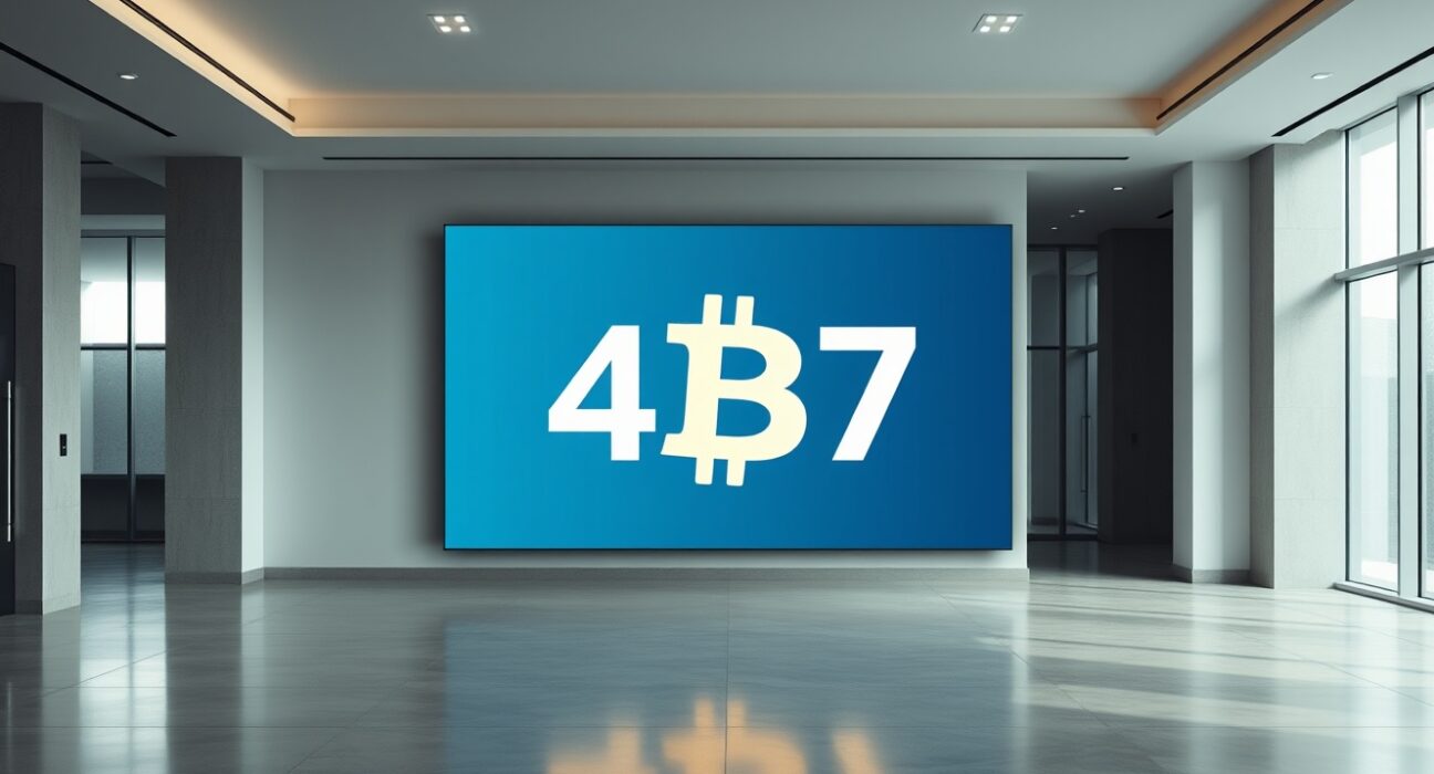 Digital display showing Bitcoin logo and number 437 in a modern corporate lobby.