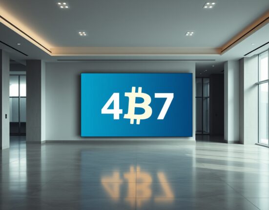 Digital display showing Bitcoin logo and number 437 in a modern corporate lobby.