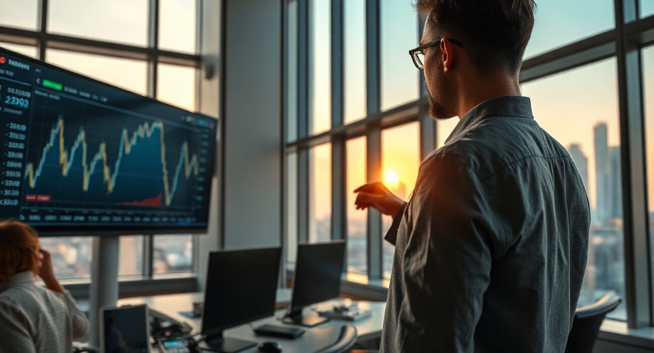 Analyst monitoring prediction market charts on screens in a modern trading office