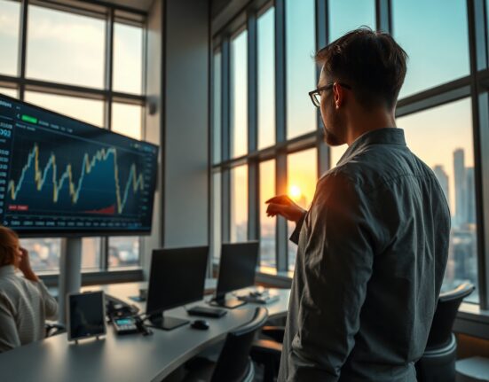 Analyst monitoring prediction market charts on screens in a modern trading office