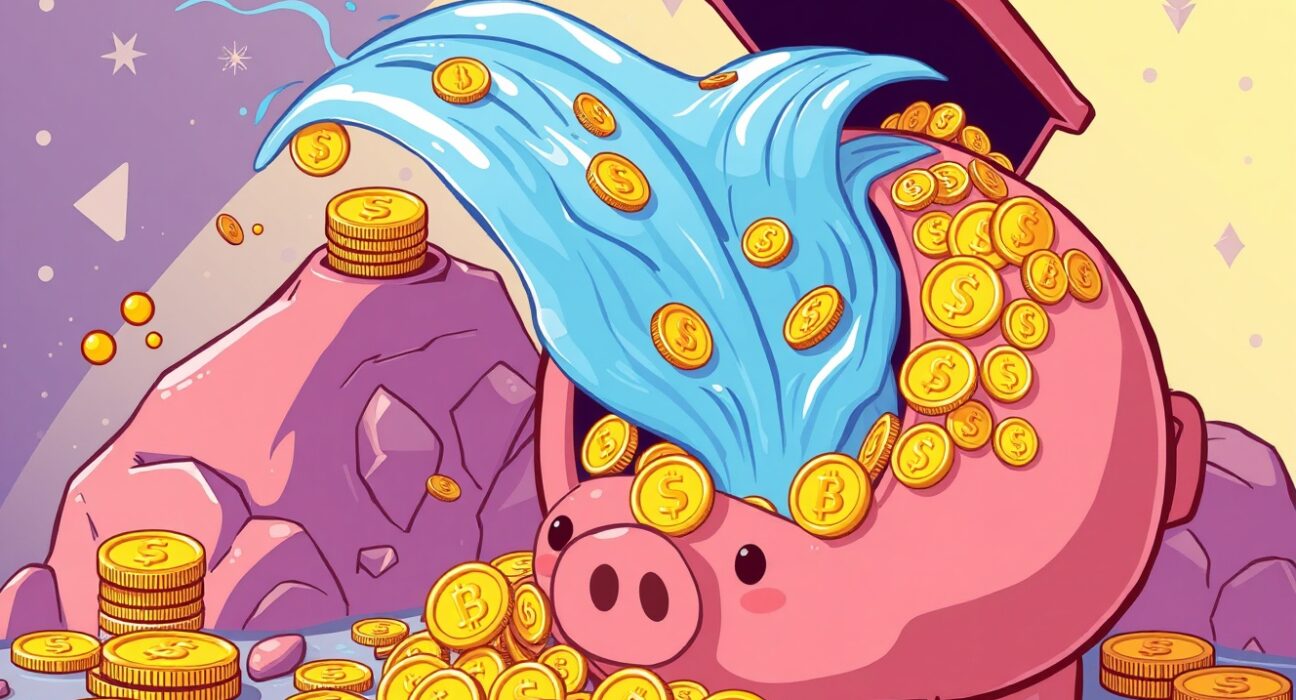 A cartoon illustration showing the rapid success of the River Point public sale, with funds flowing into a crypto piggy bank.