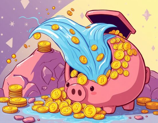 A cartoon illustration showing the rapid success of the River Point public sale, with funds flowing into a crypto piggy bank.