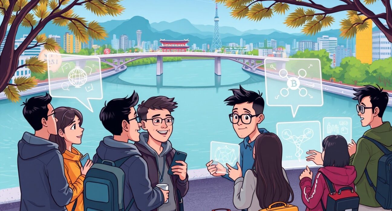 Builders and creators connecting at a River Protocol meetup in Seoul, discussing blockchain innovation.