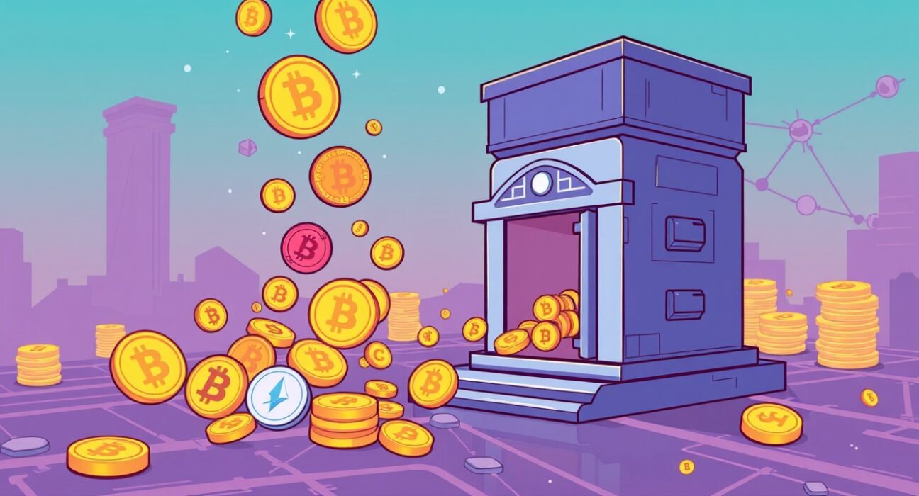 A vibrant cartoon illustration showing digital assets flowing into secure vaults, symbolizing River's new stablecoin yield products on the Base network.