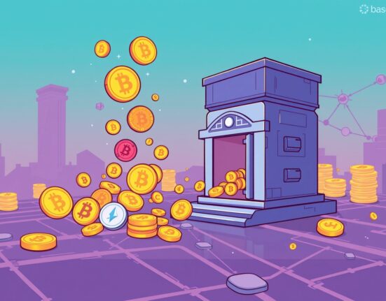 A vibrant cartoon illustration showing digital assets flowing into secure vaults, symbolizing River's new stablecoin yield products on the Base network.